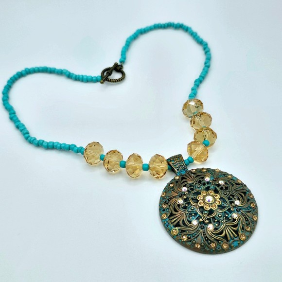 Bronze Statement Necklace Medallion Turquoise Champagne AB Bead Rhinestone - Picture 8 of 11